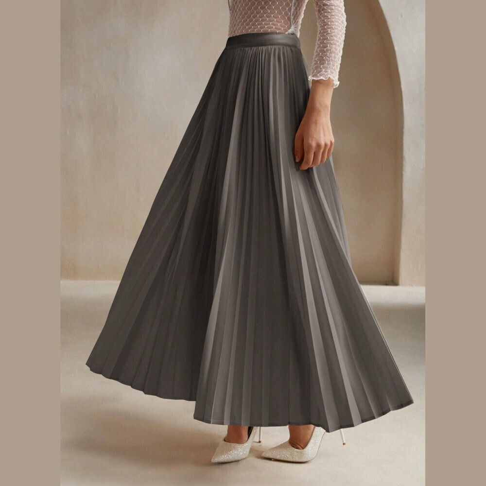 Gray Pleated Wide Waistband Flowy Maxi Skirt